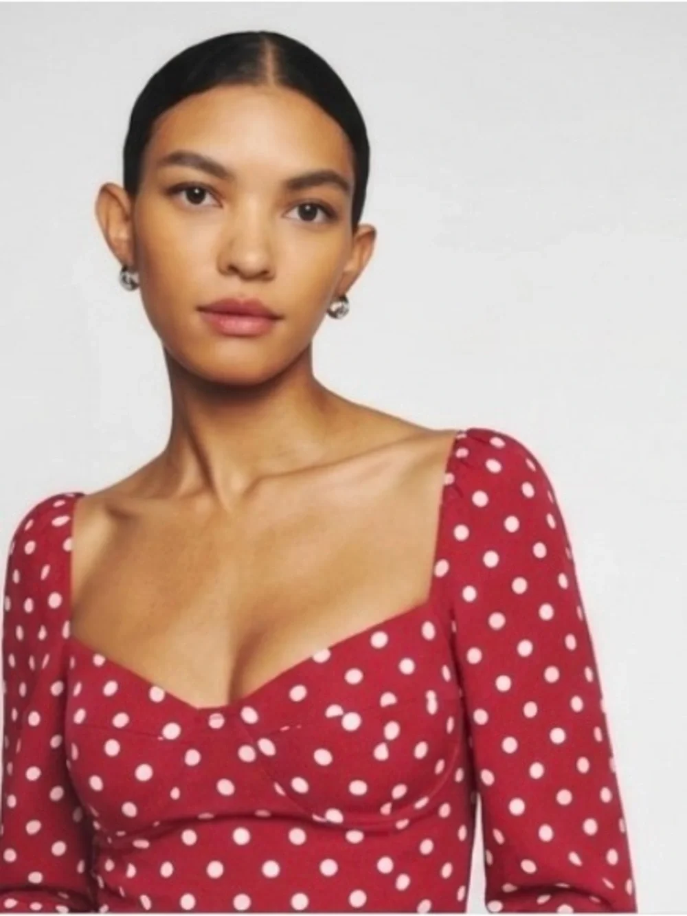 Reformation Red Polka Dot Square-Neck Long Sleeve Top